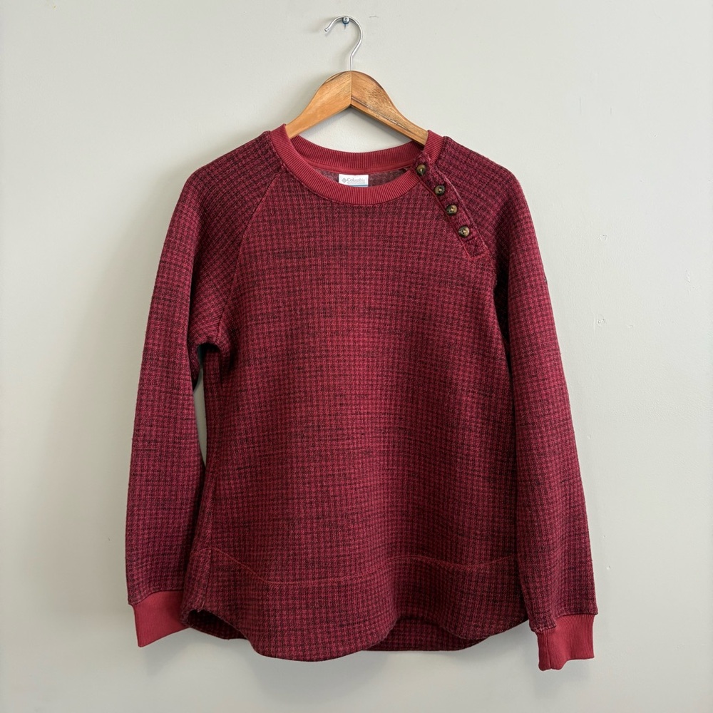 Columbia Long Sleeve Red Waffle Knit Button Detail Sweatshirt Cozy Pullover